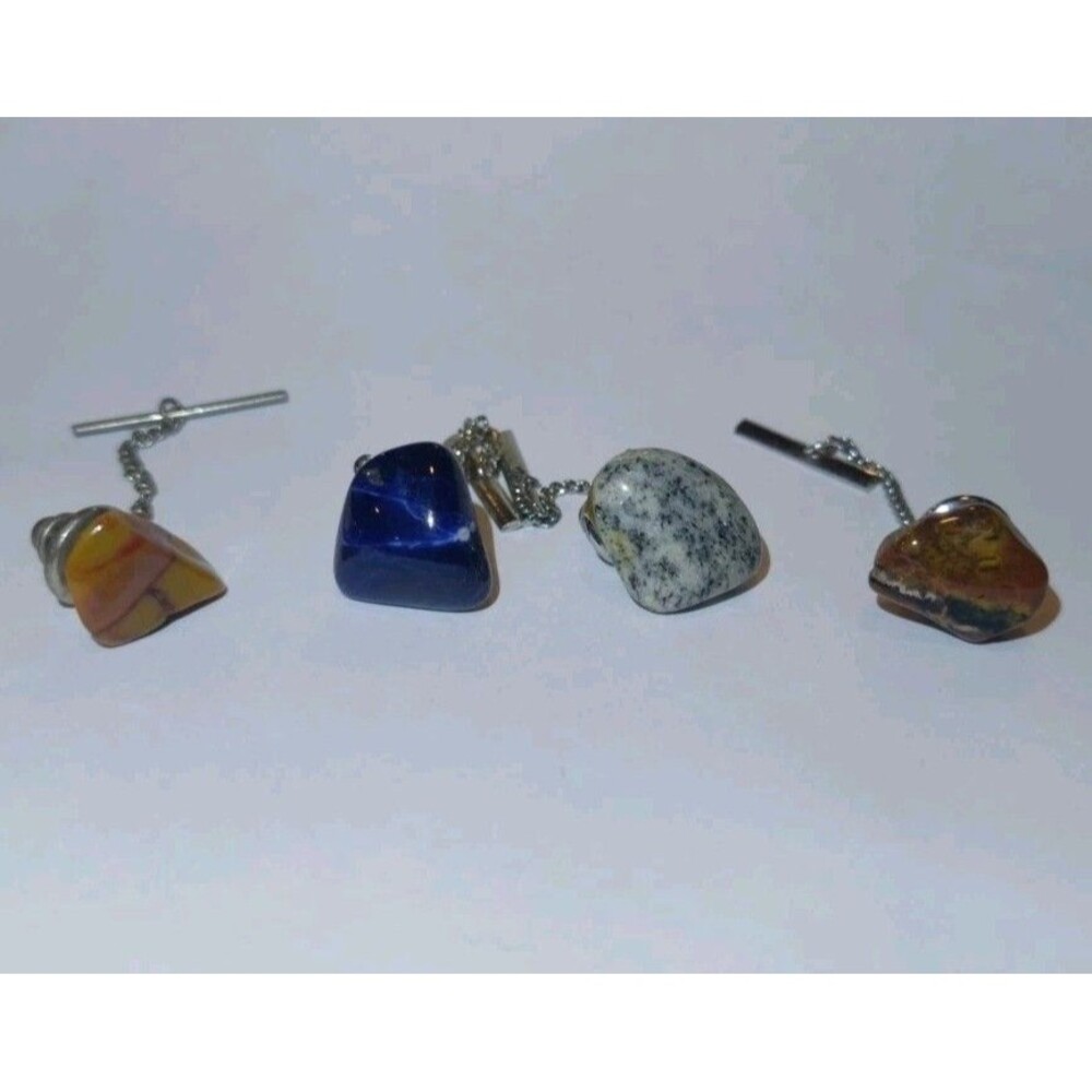 Four Vintage Natural Stone Tie Tacks / Lapel Pins Silver Tone Hardware